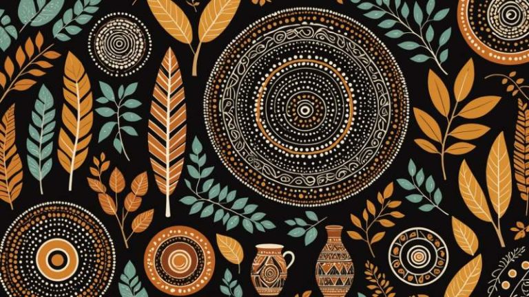 Illustration of Aboriginal dot painting patterns, boomerang, woven baskets, and eucalyptus leaves symbolizing Aboriginal and Torres Strait Islander Children's Day in Australia.