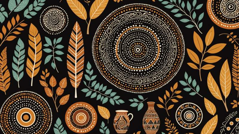 Illustration of Aboriginal dot painting patterns, boomerang, woven baskets, and eucalyptus leaves symbolizing Aboriginal and Torres Strait Islander Children's Day in Australia.