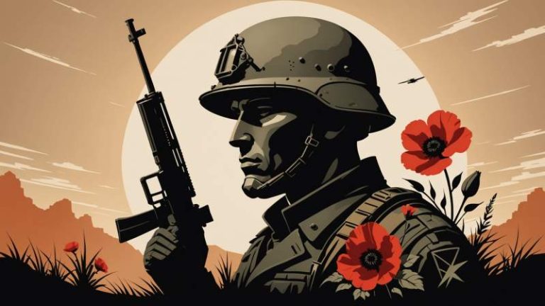 A symbolic illustration of a soldier's helmet, crossed rifles, and a red poppy flower representing ANZAC Day in Australia.