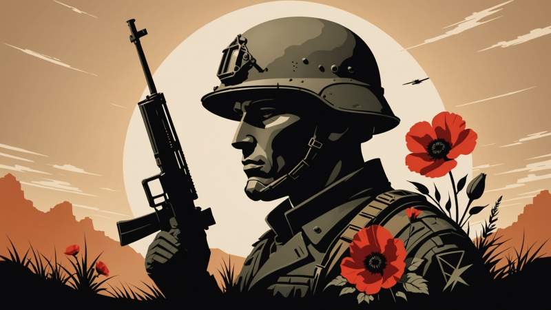 A symbolic illustration of a soldier's helmet, crossed rifles, and a red poppy flower representing ANZAC Day in Australia.