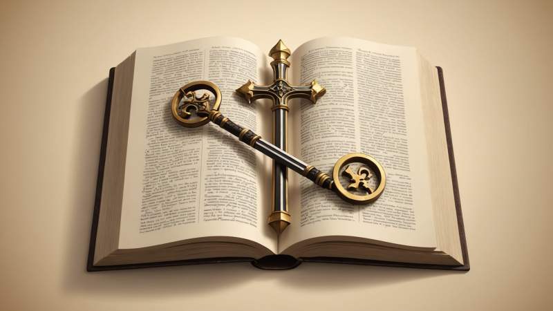 Illustration of crossed keys and a sword above an open book symbolizing apostles Peter and Paul for a Western Christian holiday in Australia.