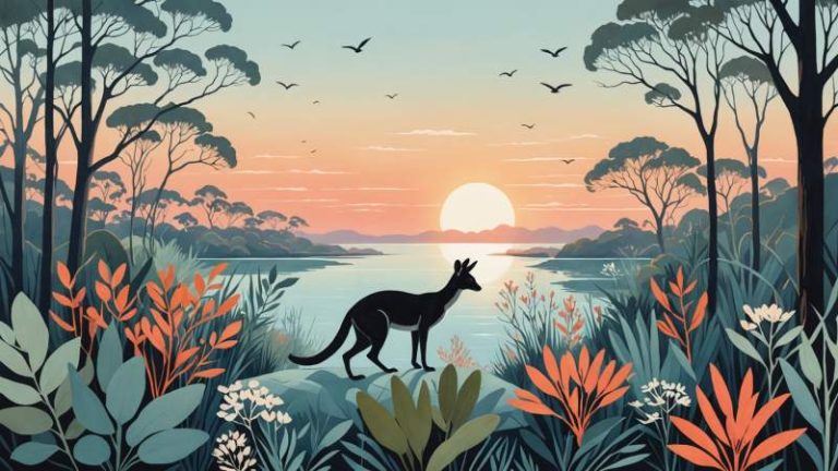 Illustration showing symbolic Australian plants and animals representing biodiversity with soft lighting and balanced composition.