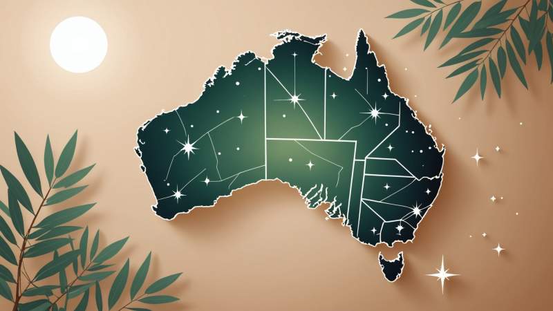 An elegant vector illustration showing Australian map, Southern Cross constellation, eucalyptus leaves, and a boomerang symbolizing Australian citizenship.