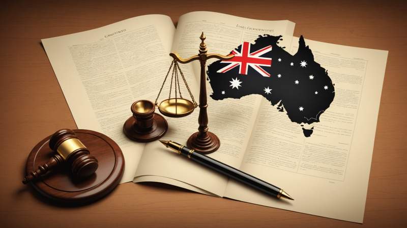 An elegant vector illustration showing a stylized Australian map with scales of justice and a quill pen symbolizing the Australian Constitution.