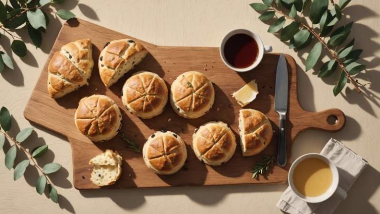 An elegant vector illustration of scones on a wooden board with eucalyptus leaves, symbolizing Australia's National Scones Day.