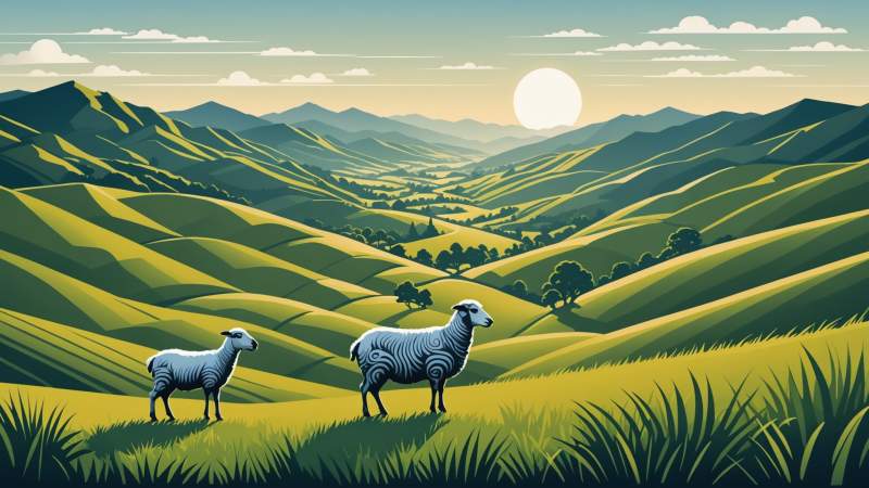 Vector illustration of symbolic elements like a silver fern, sheep, and rolling hills representing Canterbury Province in New Zealand.