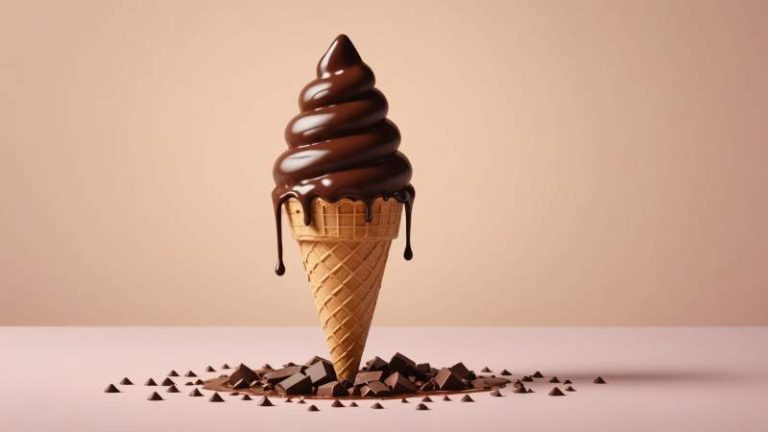 Minimalist illustration of a chocolate ice cream cone with cocoa beans and melting chocolate drips on a soft pastel background.