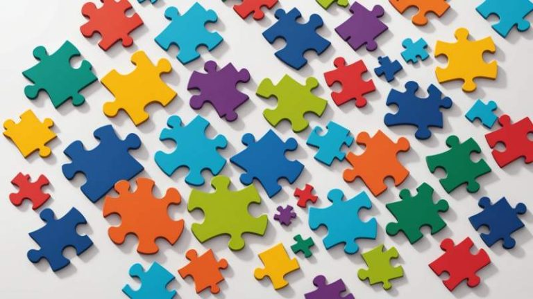Scattered colorful puzzle pieces symbolizing puzzle and brain teaser day in Australia.