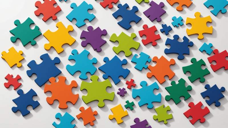 Scattered colorful puzzle pieces symbolizing puzzle and brain teaser day in Australia.