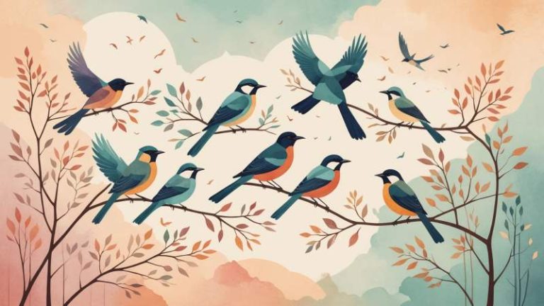 Minimalist vector illustration of colorful stylized birds and delicate branches symbolizing Draw a Bird Day in Australia.