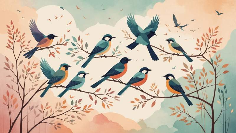 Minimalist vector illustration of colorful stylized birds and delicate branches symbolizing Draw a Bird Day in Australia.