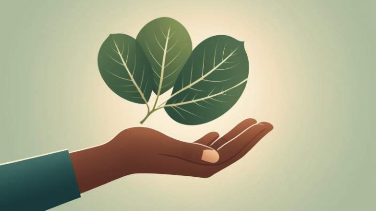An elegant vector illustration of a hand holding a heart-shaped leaf with eucalyptus branches symbolizing elderly care in Australia.