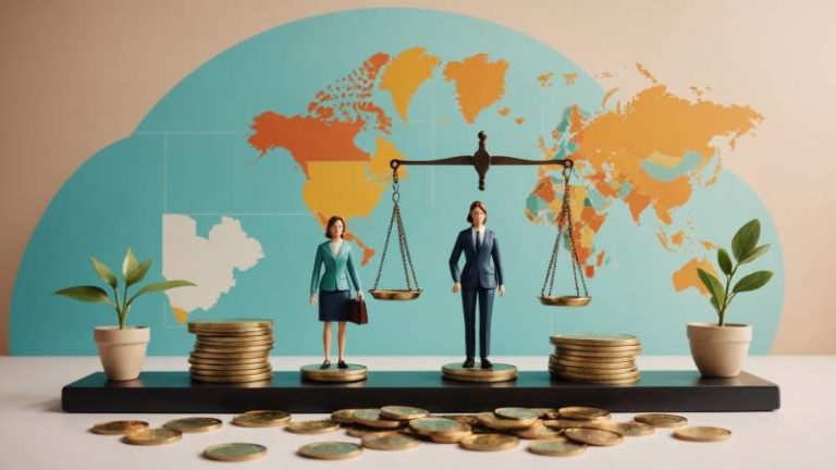 Balanced scales with coins and briefcases symbolizing equal pay in the Australian workplace.