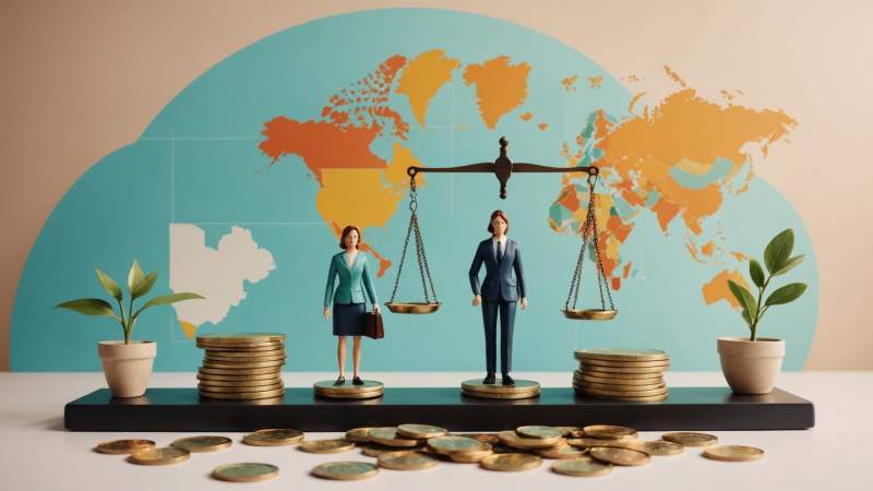 Balanced scales with coins and briefcases symbolizing equal pay in the Australian workplace.