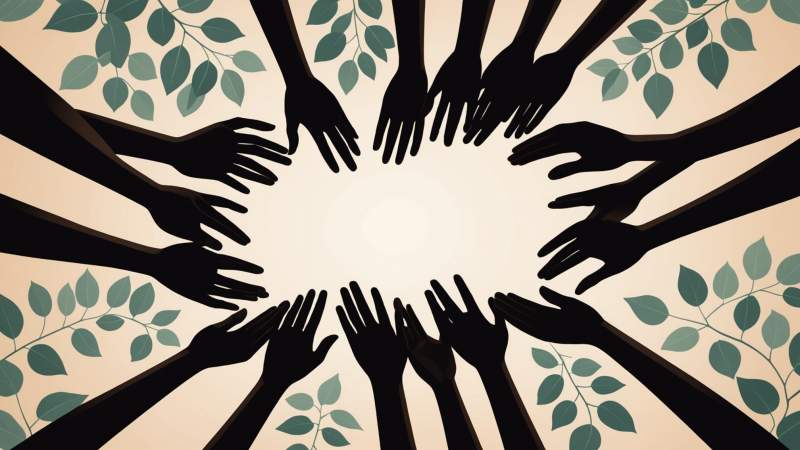 Interconnected hands forming a circle symbolizing global solidarity with eucalyptus leaves in an elegant vector style.