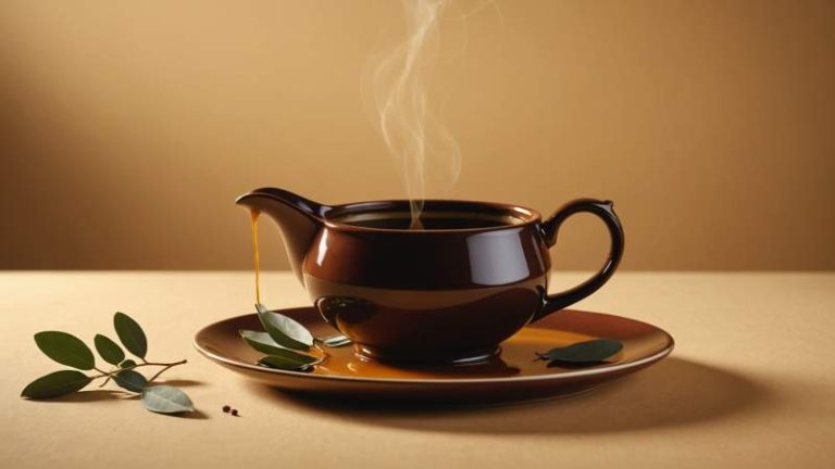 A minimalist illustration of a gravy boat pouring brown gravy onto a plate with eucalyptus leaves nearby, symbolizing Gravy Day in Australia.
