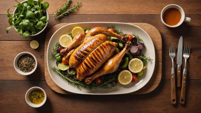 Minimalist illustration of a grilled chicken on a plate with barbecue tools and herbs, symbolizing grilled chicken day in Australia.