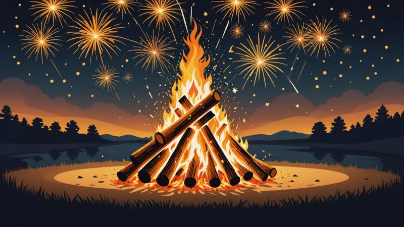 An elegant vector illustration of a bonfire with sparks and subtle fireworks representing Guy Fawkes Night in Australia.