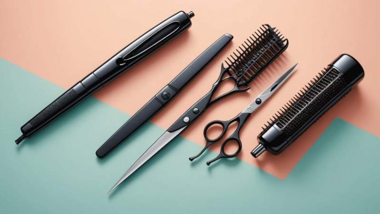 An elegant vector illustration of hairdresser tools including scissors, a comb, and a hairdryer arranged on a soft pastel background symbolizing hairstyling in Australia.