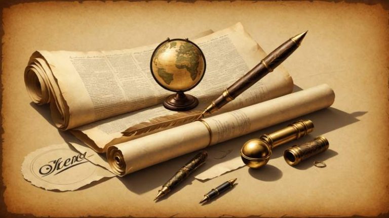An elegant vector illustration of historical artifacts including a scroll, quill pen, and globe symbolizing World Historian Day in Australia.