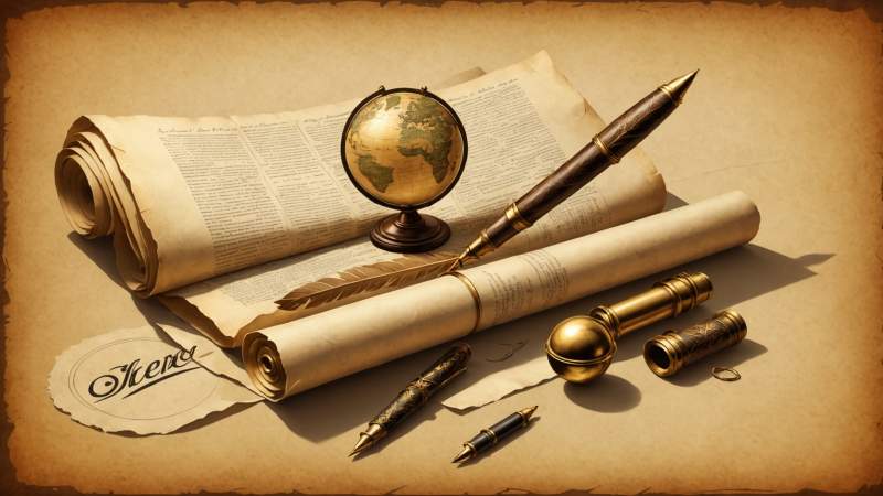 An elegant vector illustration of historical artifacts including a scroll, quill pen, and globe symbolizing World Historian Day in Australia.