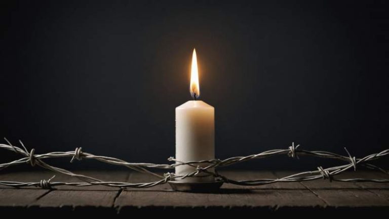A minimalist illustration showing a glowing white candle beside a segment of barbed wire, symbolizing Holocaust remembrance in Australia.