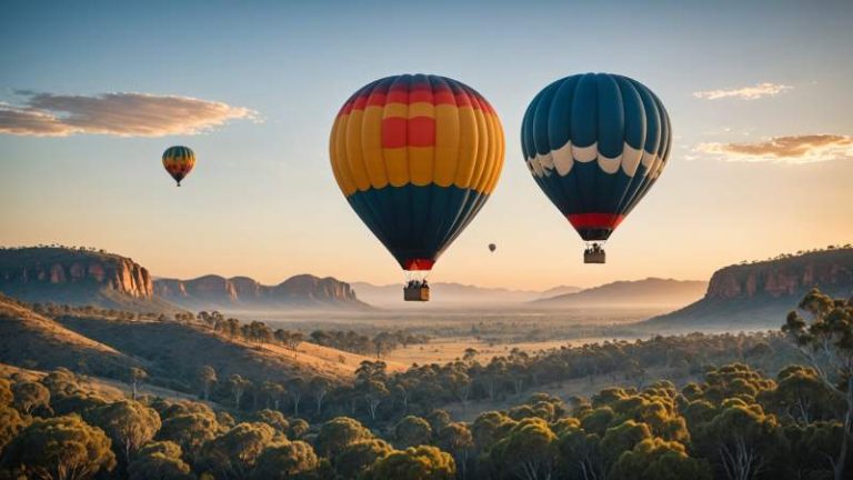 A colorful hot air balloon floating over stylized Australian landscapes with eucalyptus trees and mountains, symbolizing balloon flight day.