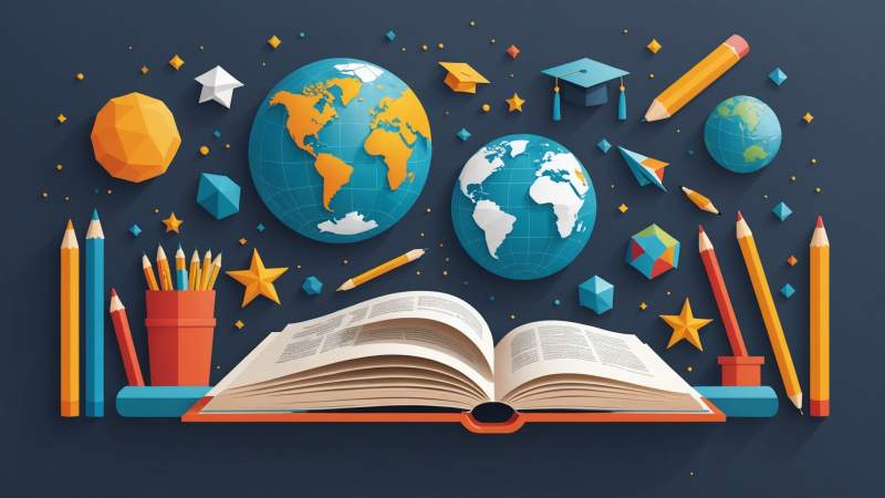 An open book with floating educational symbols and a stylized globe representing Australia for International Education Day.