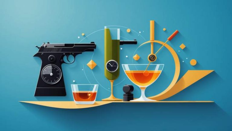Minimalist illustration of iconic James Bond spy gadgets and symbols with a cool blue background.