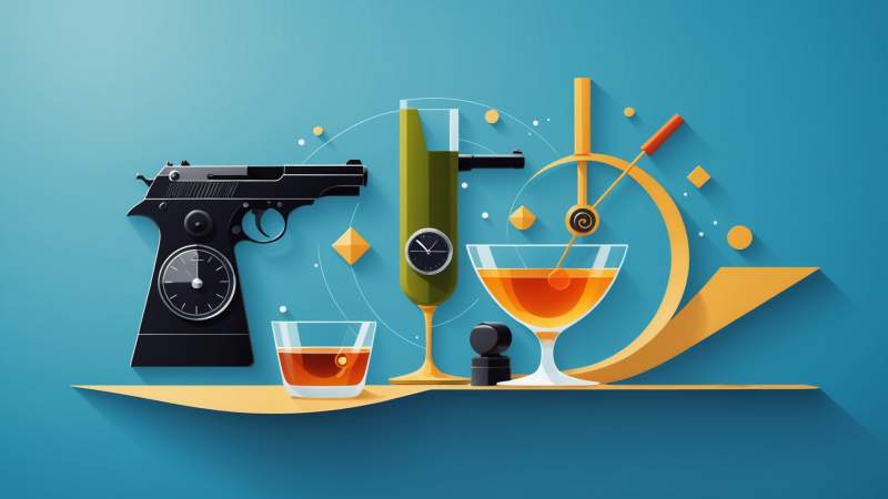 Minimalist illustration of iconic James Bond spy gadgets and symbols with a cool blue background.
