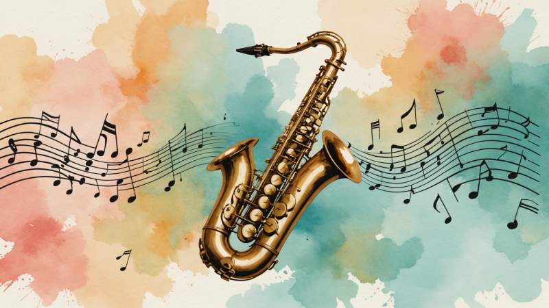 Minimalist flat design of saxophone, piano keys, and musical notes with a eucalyptus leaf symbolizing International Jazz Day in Australia.