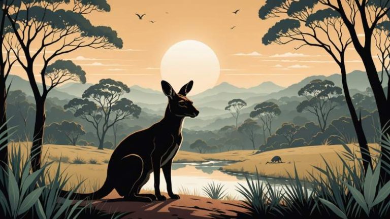 An elegant vector illustration of a stylized kangaroo silhouette with eucalyptus leaves representing Australian kangaroo awareness.