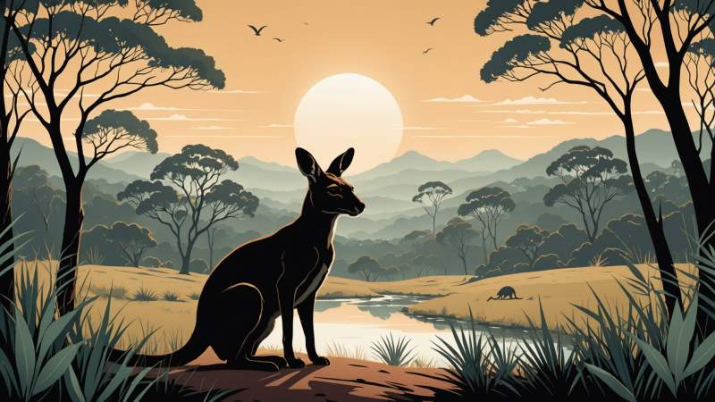 An elegant vector illustration of a stylized kangaroo silhouette with eucalyptus leaves representing Australian kangaroo awareness.