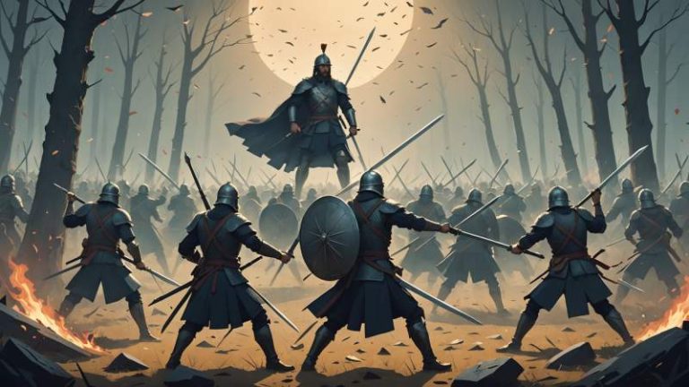 Minimalist illustration of crossed swords and a broken shield symbolizing the Battle of Kapkhyon with soft glowing background.
