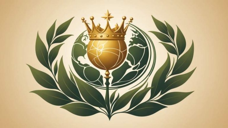 A minimalist illustration of a crowned lily and globe with olive branches symbolizing peace and the Queenship of Mary.
