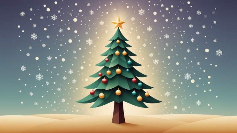 A minimalist illustration of a decorated Christmas tree with a glowing star and floating holly leaves, symbolizing Christmas in Australia.
