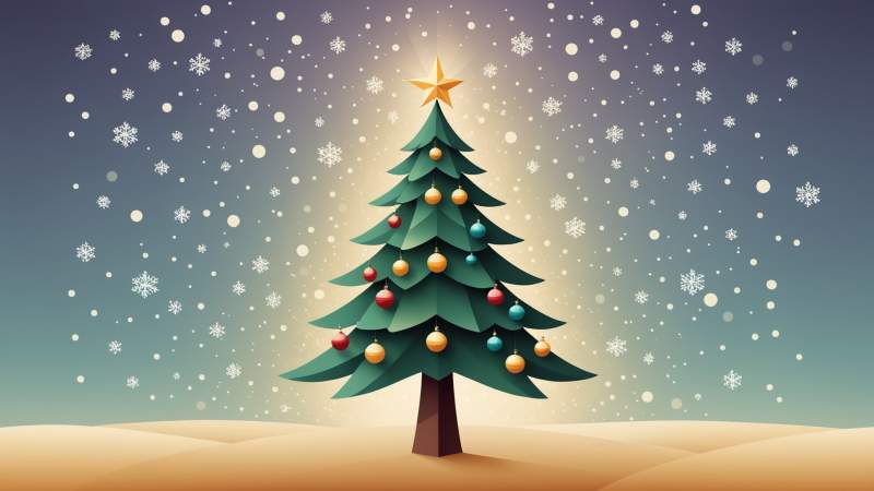 A minimalist illustration of a decorated Christmas tree with a glowing star and floating holly leaves, symbolizing Christmas in Australia.