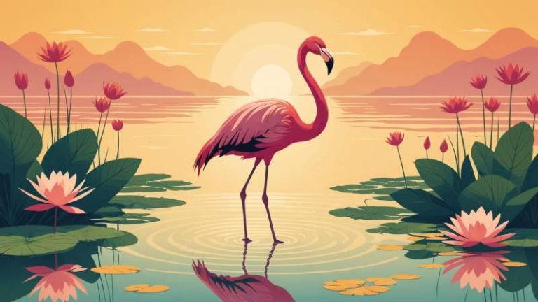 A minimalist vector illustration of a flamingo standing among abstract water lilies with warm golden lighting.