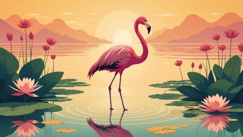 A minimalist vector illustration of a flamingo standing among abstract water lilies with warm golden lighting.