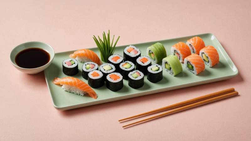 Minimalist flat design of sushi rolls and chopsticks with wasabi and ginger on a soft pastel background, symbolizing International Sushi Day in Australia.