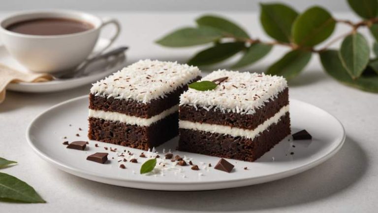 A minimalist flat design illustration of a lamington cake with eucalyptus leaves symbolizing Australia's National Lamington Day.