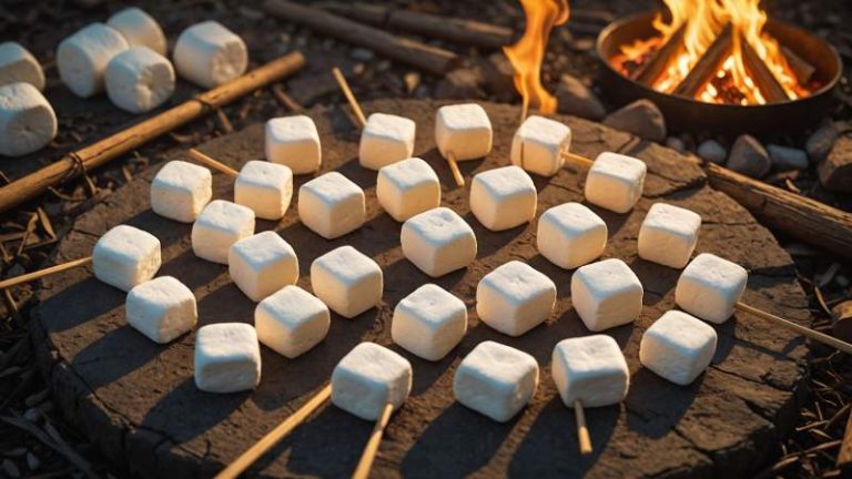 Illustration of marshmallows on sticks over a stylized campfire with warm lighting symbolizing National Marshmallow Day in Australia.