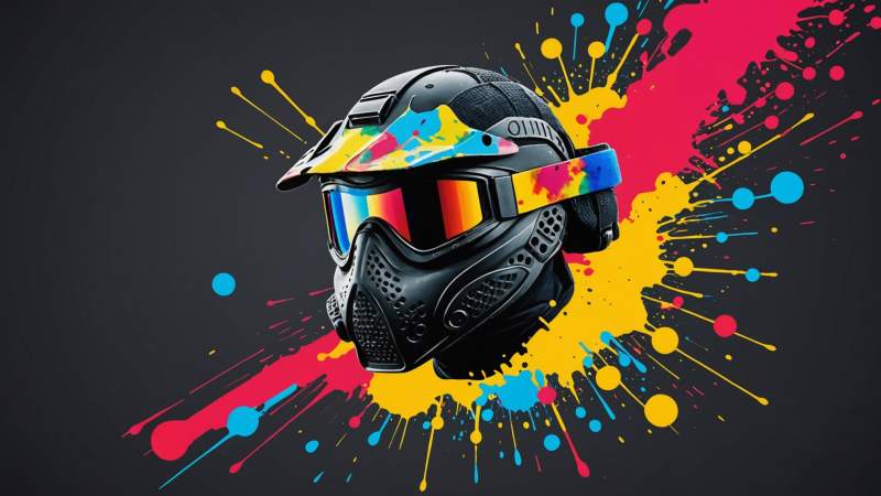 Close-up of colorful paint splatters with a stylized paintball mask and gun symbolizing paintball day in Australia.