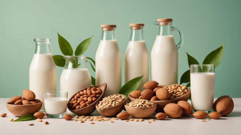 Illustration of various plant-based milk sources like almonds, oats, soybeans, and coconuts with milk droplets and green leaves symbolizing plant milk for World Plant Milk Day in Australia.