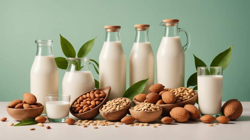 Illustration of various plant-based milk sources like almonds, oats, soybeans, and coconuts with milk droplets and green leaves symbolizing plant milk for World Plant Milk Day in Australia.