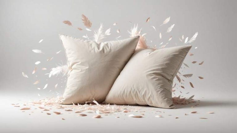 Two stylized pillows softly colliding with floating feathers in a minimalist flat design representing a playful pillow fight in Australia.