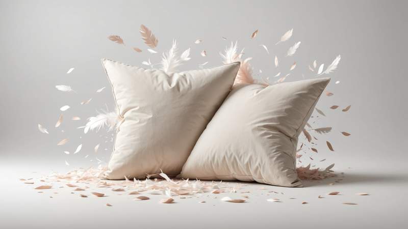 Two stylized pillows softly colliding with floating feathers in a minimalist flat design representing a playful pillow fight in Australia.