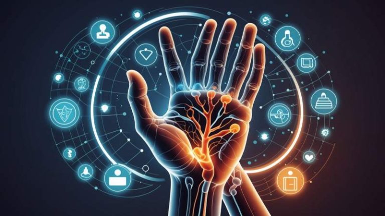 An elegant vector illustration showing a stylized hand with highlighted joints and medical symbols representing rheumatoid arthritis awareness in Australia.