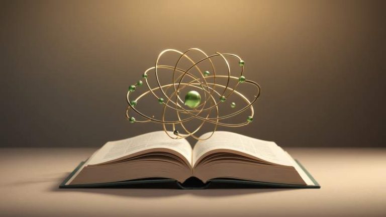 An illustration showing an atom model, an open book, and an olive branch symbolizing science and humanism for Australia.