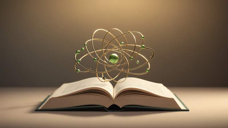 An illustration showing an atom model, an open book, and an olive branch symbolizing science and humanism for Australia.